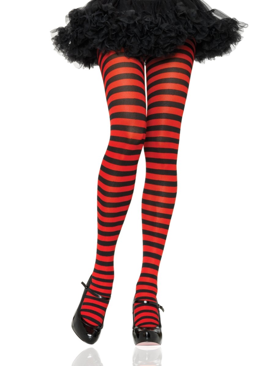 7100 01122 Nylon Stripe Tights, Black & Red - One Size