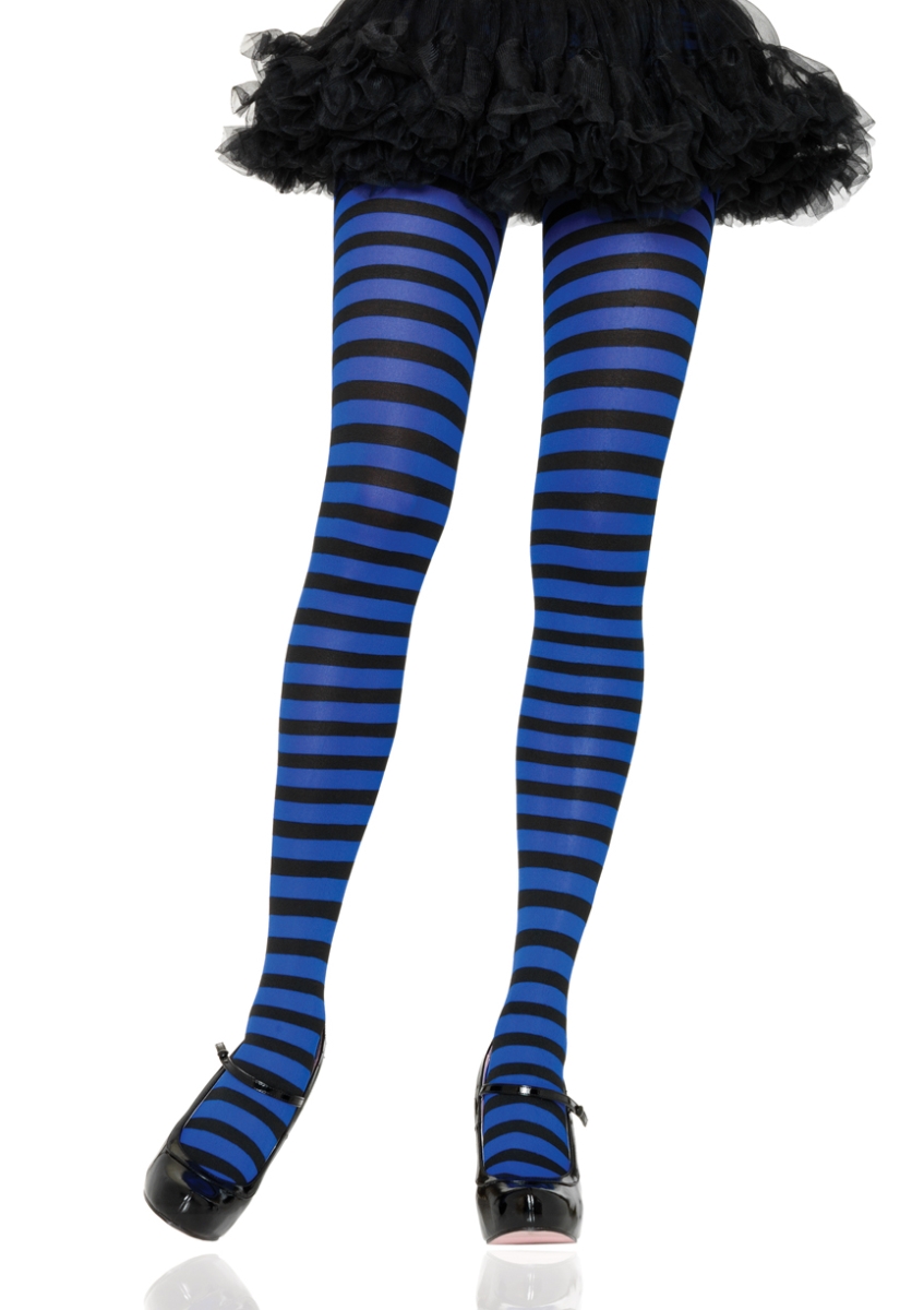 7100 04222 Nylon Stripe Tights, Black & Royal - One Size