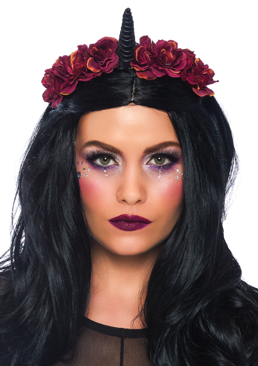 A2847 04822 Dark Velvet Unicorn Flower Headband, Black & Burgundy - One Size