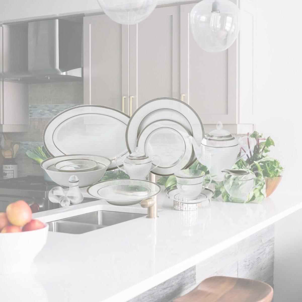 Picture of Lorenzo Import Ashley-57 57 Piece Border Porcelain Dinnerware Set, Silver - Service for 8 Ashley