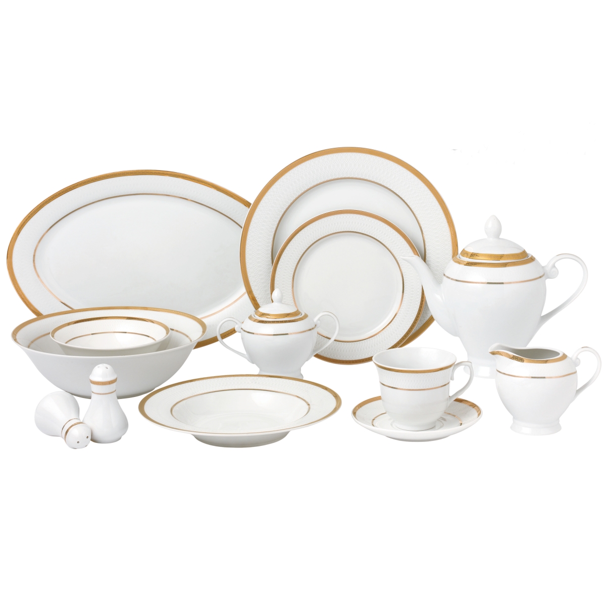 Josephine-57 57 Piece Border Porcelain Dinnerware Set, Gold - Service For 8 Josephine