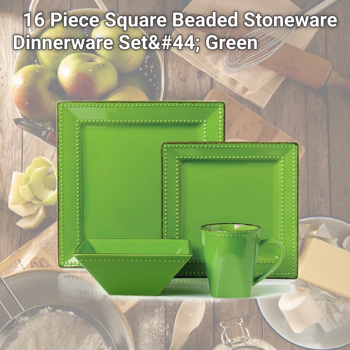 Picture of Lorenzo Import LH501 16 Piece Square Beaded Stoneware Dinnerware Set, Green