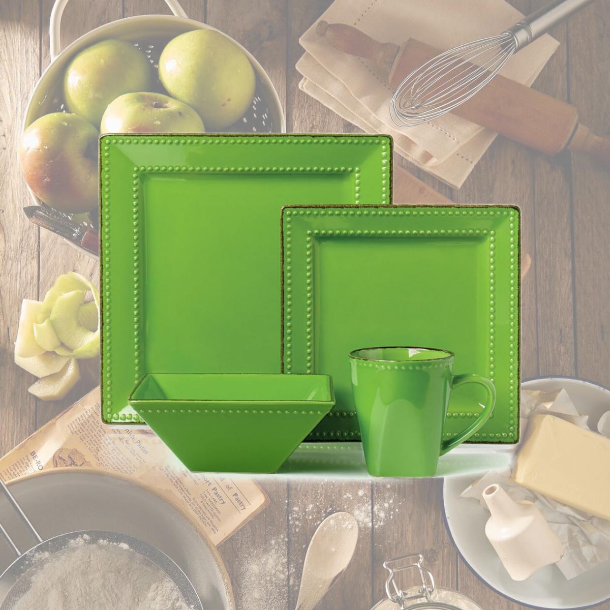 Picture of Lorenzo Import LH501 16 Piece Square Beaded Stoneware Dinnerware Set, Green