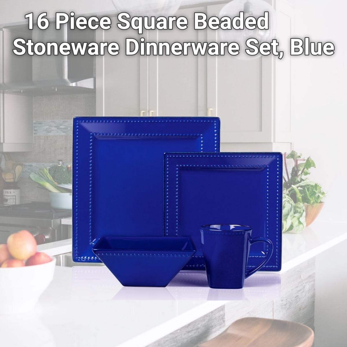 Picture of Lorenzo Import LH502 16 Piece Square Beaded Stoneware Dinnerware Set, Blue