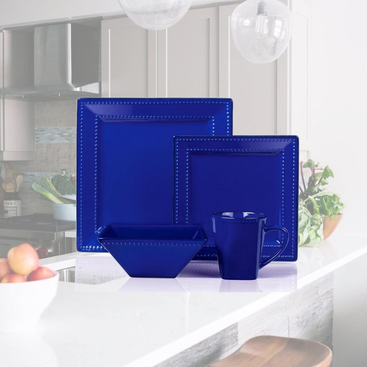 Picture of Lorenzo Import LH502 16 Piece Square Beaded Stoneware Dinnerware Set, Blue