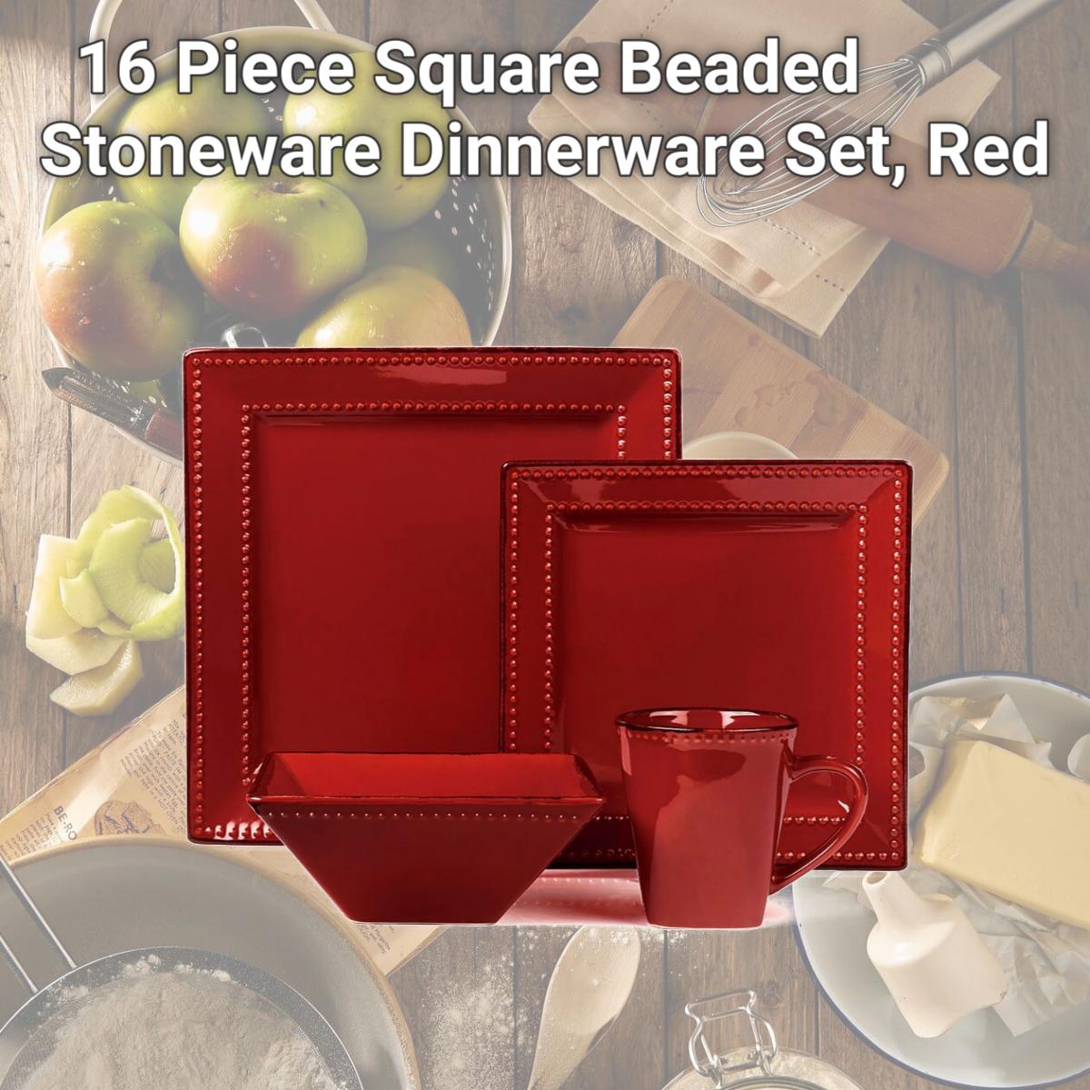 Picture of Lorenzo Import LH505 16 Piece Square Beaded Stoneware Dinnerware Set, Red