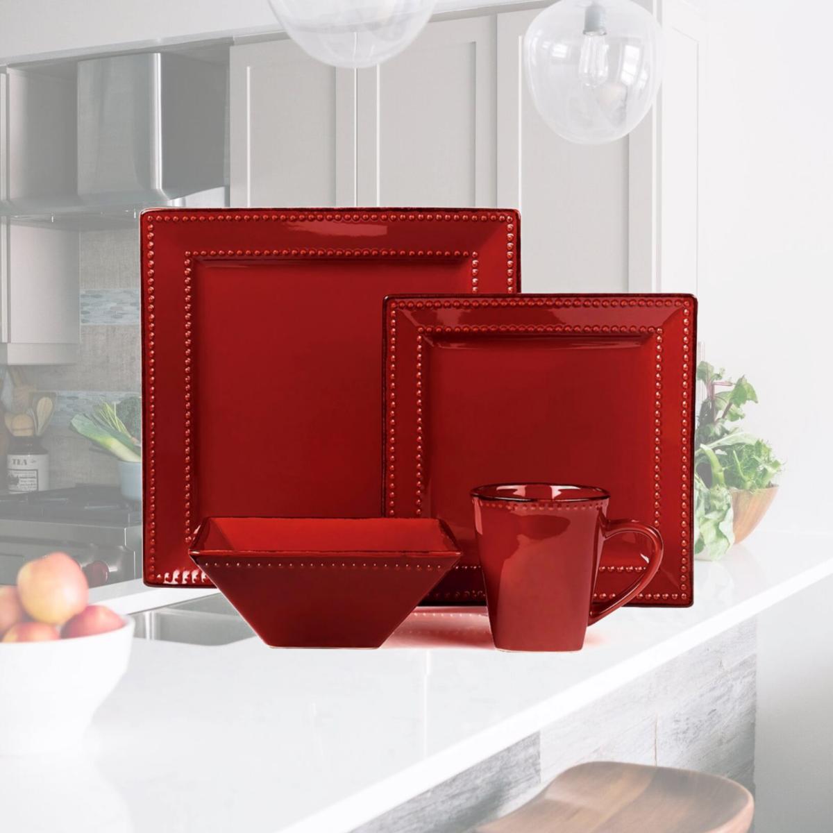 Picture of Lorenzo Import LH505 16 Piece Square Beaded Stoneware Dinnerware Set, Red