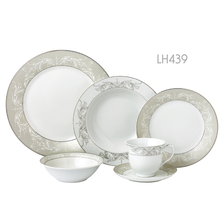Lh439 24 Piece Border Porcelain Dinnerware Set & Service For 4 - Olympia - Mix & Match, Silver