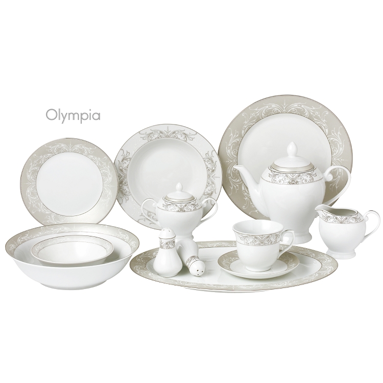 Olympia-57 57 Piece Border Porcelain Dinnerware Set & Service For 8 - Olympia - Mix & Match, Silver