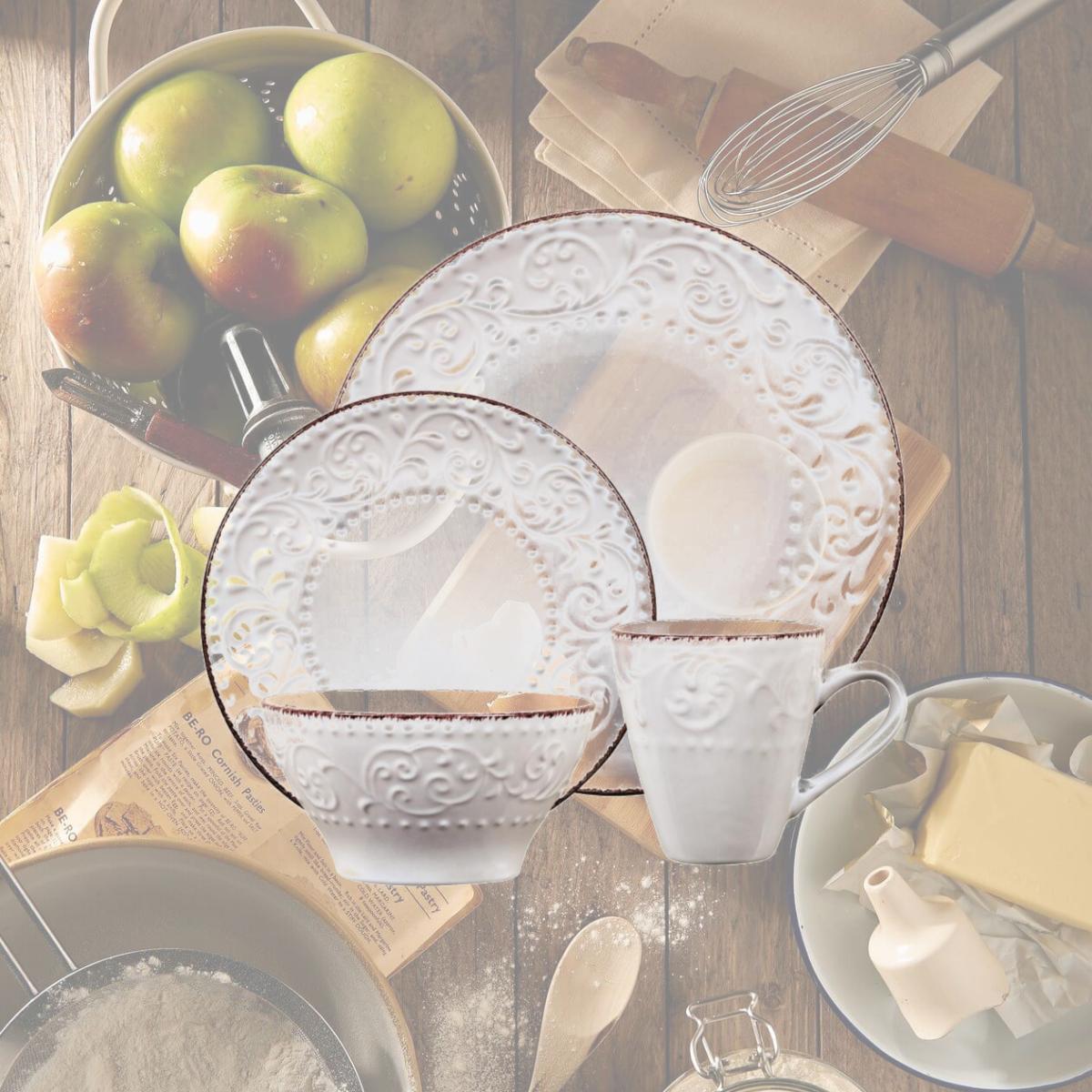 Picture of Lorren Home Trends LH524 16 Piece Stoneware Scroll Dinnerware Set, White