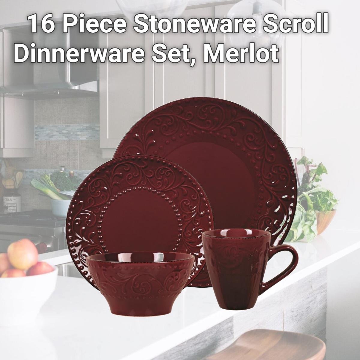 Picture of Lorren Home Trends LH525 16 Piece Stoneware Scroll Dinnerware Set, Merlot