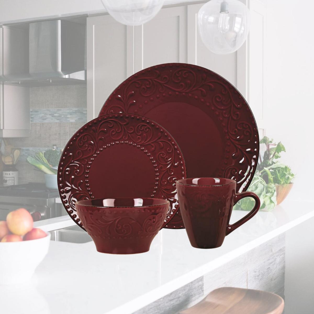 Picture of Lorren Home Trends LH525 16 Piece Stoneware Scroll Dinnerware Set, Merlot