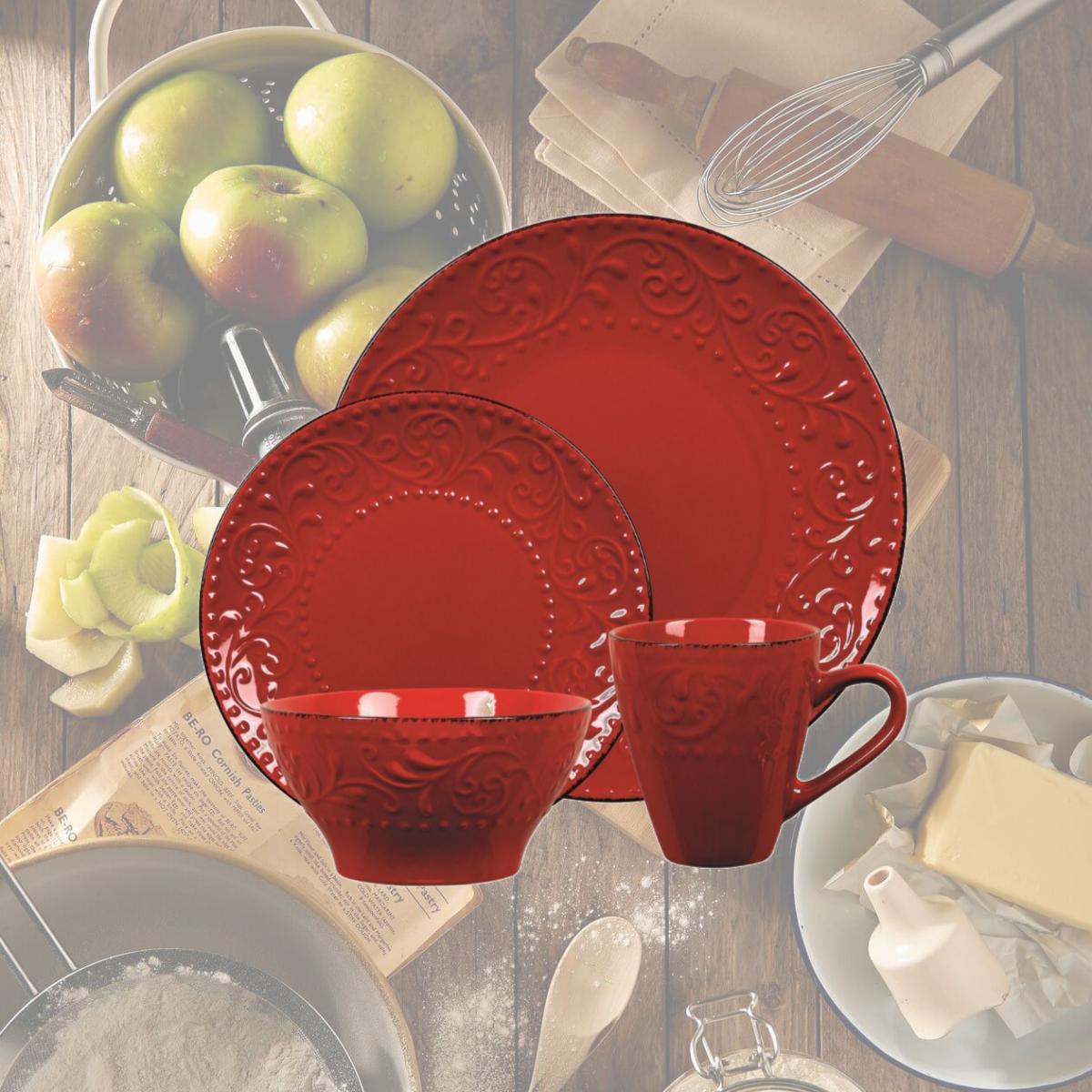 Picture of Lorren Home Trends LH526 16 Piece Stoneware Scroll Dinnerware Set, Red