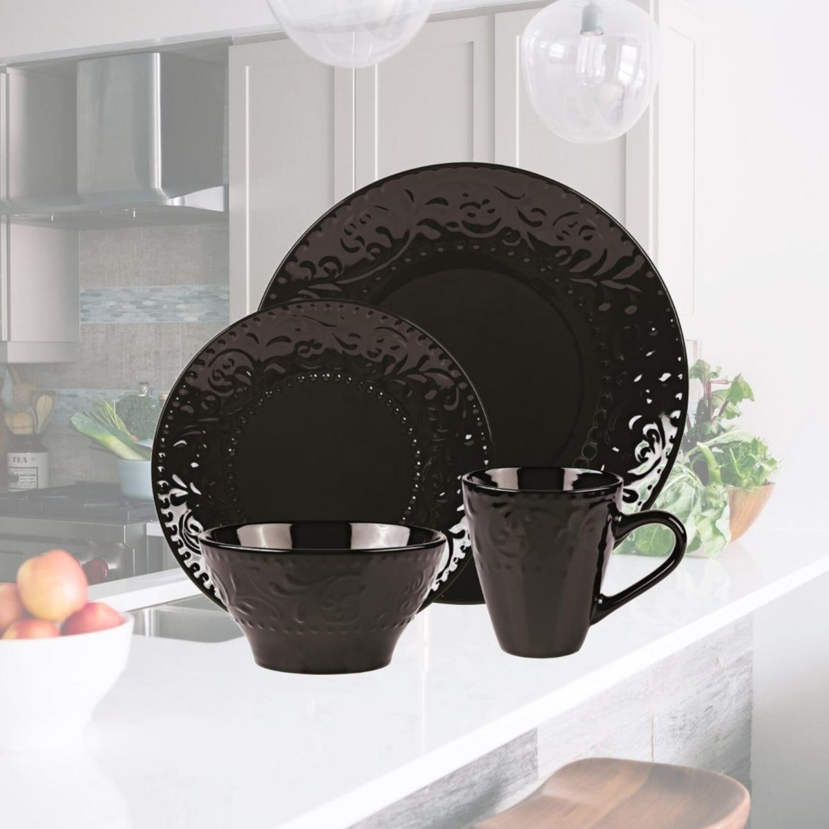 Picture of Lorren Home Trends LH528 16 Piece Stoneware Scroll Dinnerware Set, Black