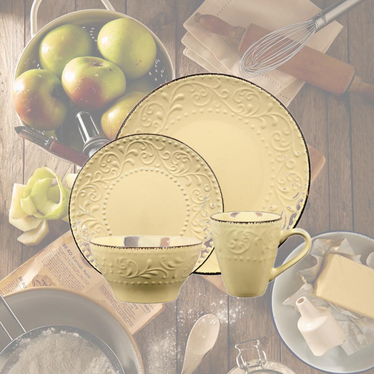 Picture of Lorren Home Trends LH529 16 Piece Stoneware Scroll Dinnerware Set, Yellow