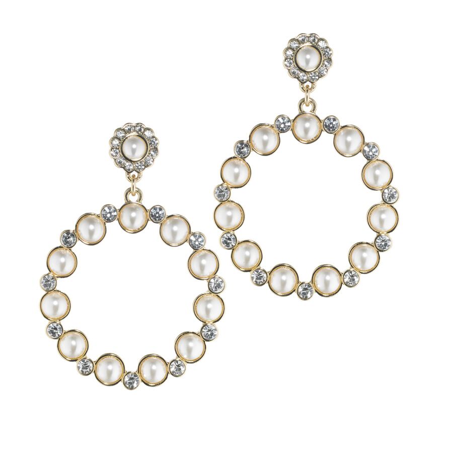 Me7275 Pearl Front Facing Hoops - Yellow Gold Tone