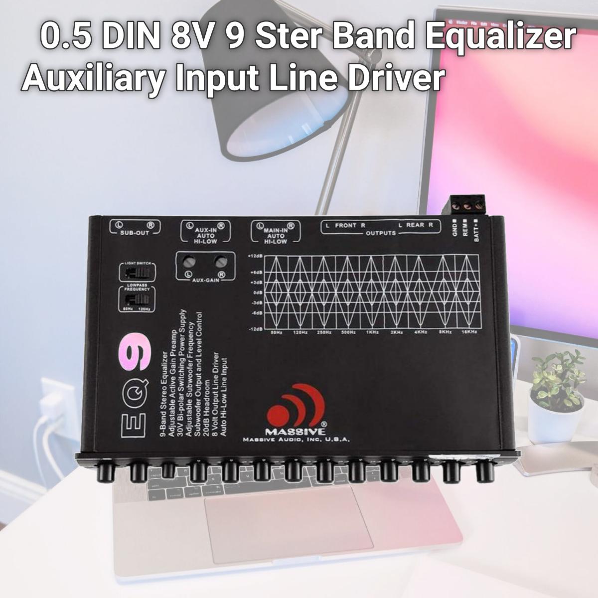 Picture of Massive EQ9 0.5 DIN 8V 9 Ster Band Equalizer Auxiliary Input Line Driver