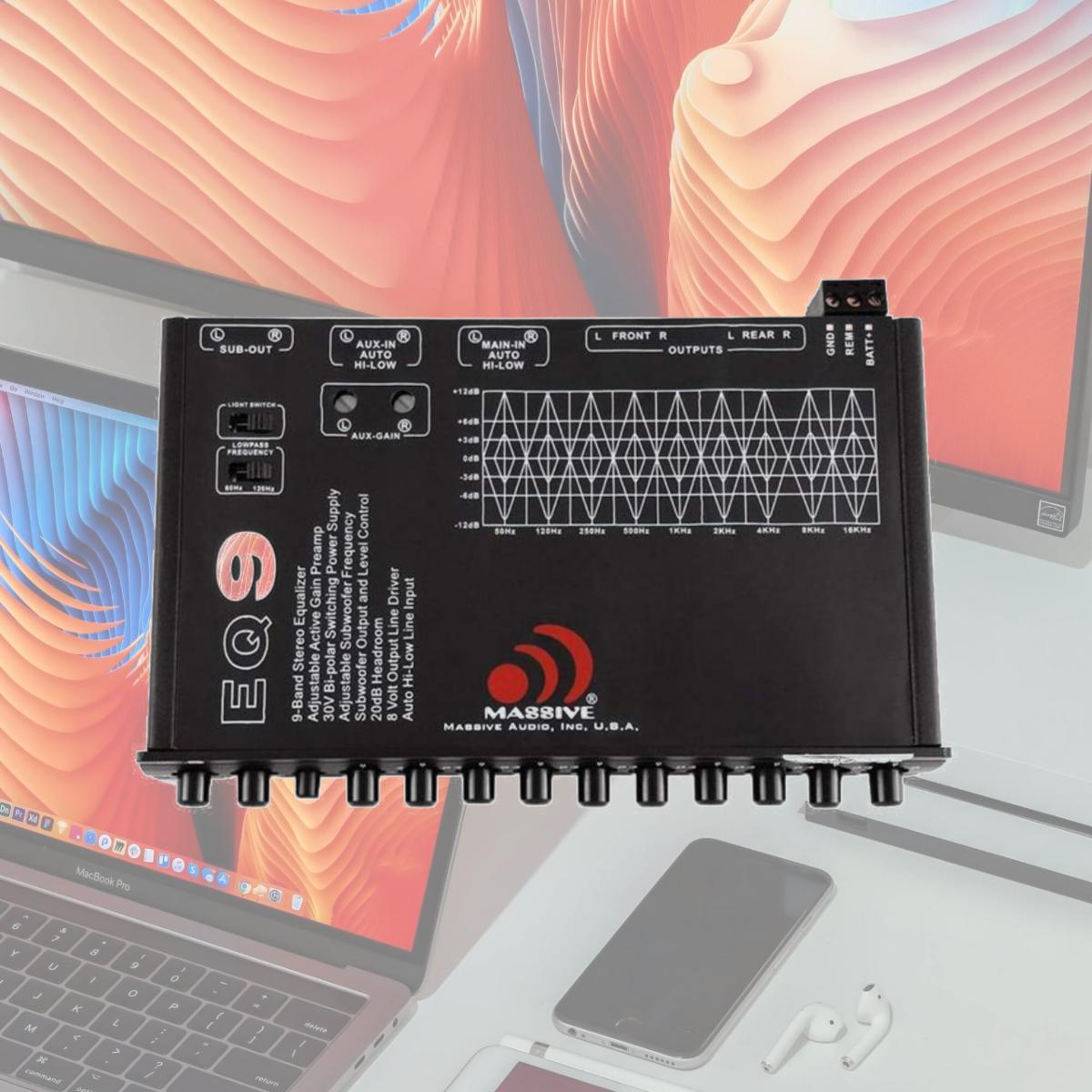 Picture of Massive EQ9 0.5 DIN 8V 9 Ster Band Equalizer Auxiliary Input Line Driver