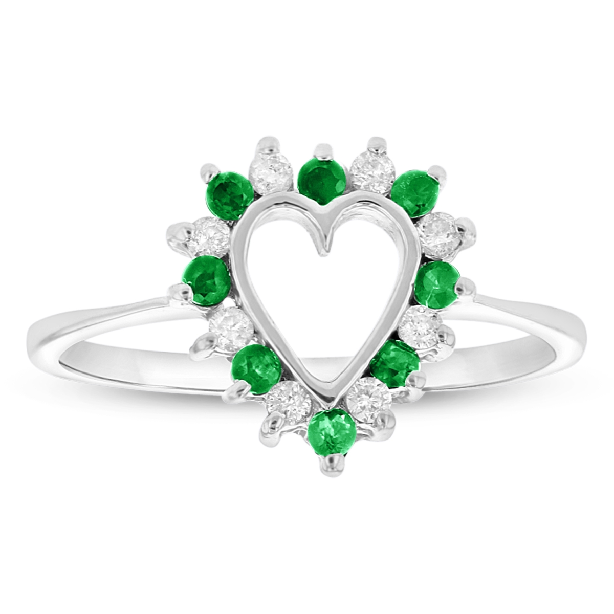 0.15 CTW Diamond & Emerald Heart Shaped Ring, 14K White Gold - Size 6.5