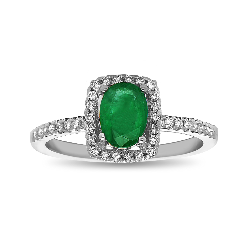 0.90 CTTW Emerald & Diamond Engagement Ring, 14K White Gold - Size 6