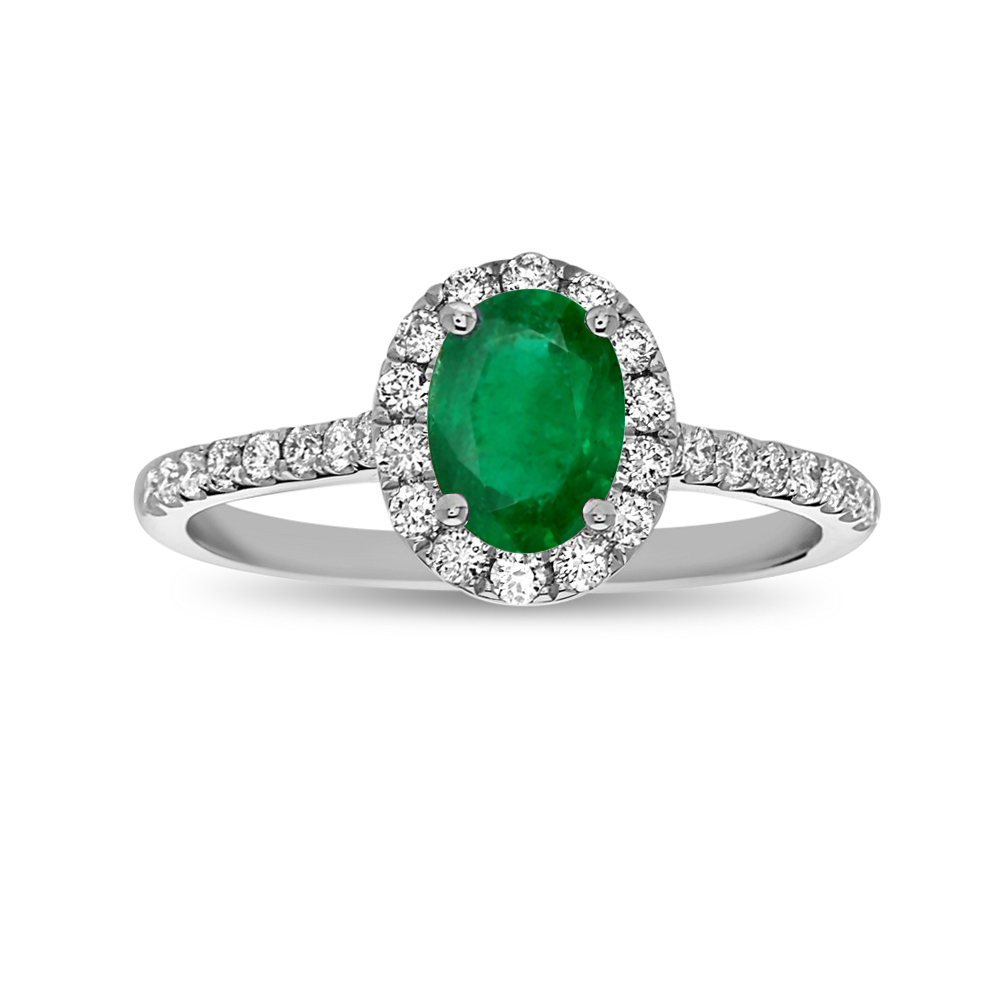 Diamond & Emerald Engagement Ring, 14K White - Size 6.5