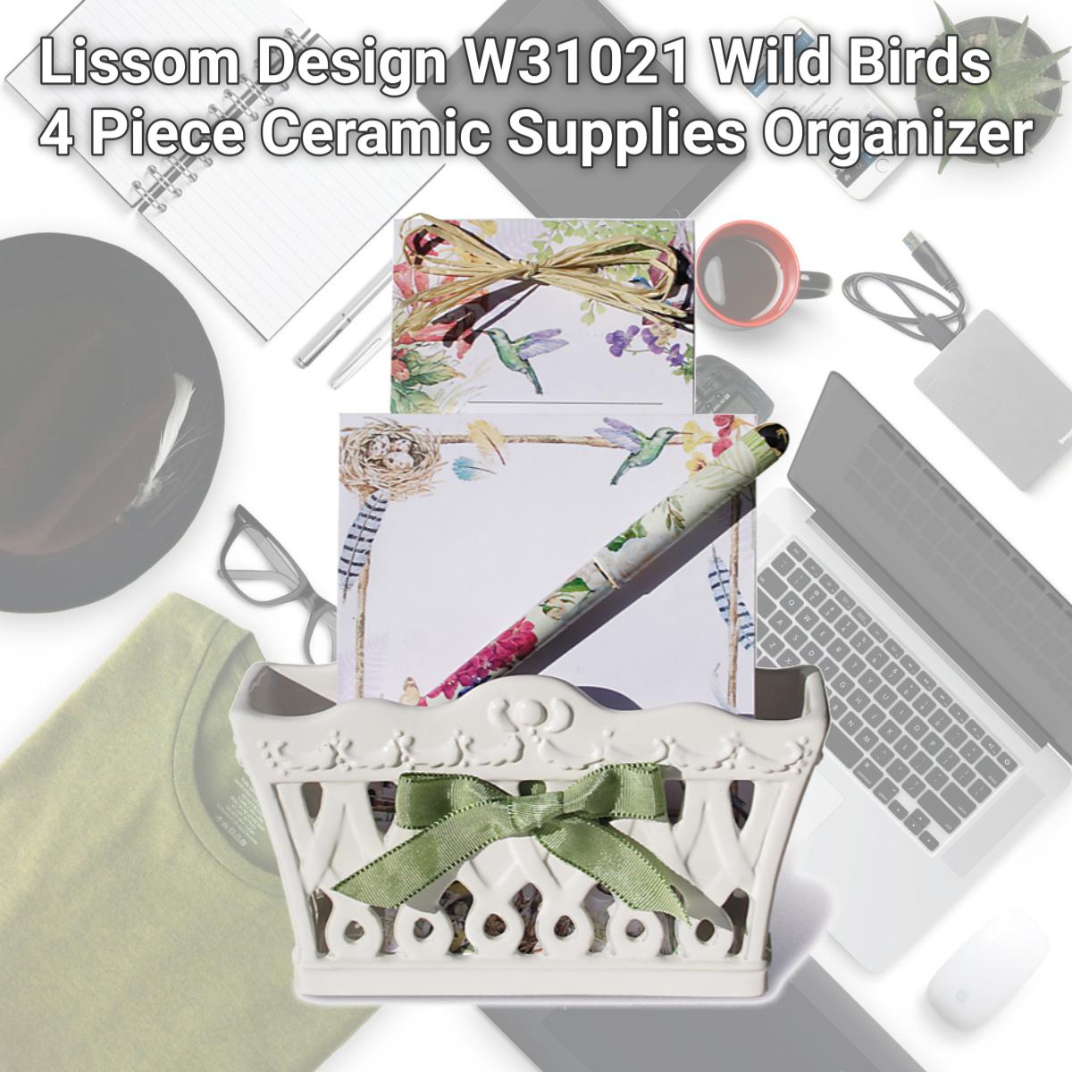 Picture of Lissom Design W31021 Wild Birds 4 Piece Ceramic Supplies Organizer