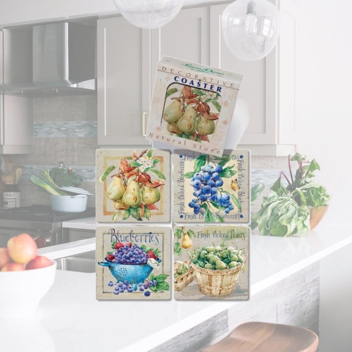 Picture of Lissom Design 36070 Natural Stone Coaster, Fresh Farm - Set of 4