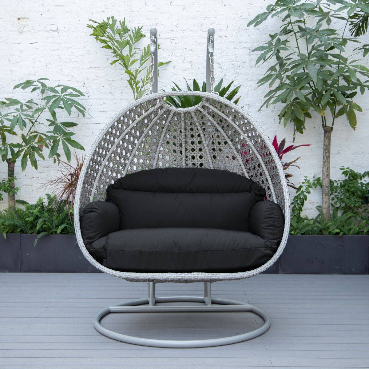 Picture of Leisure Mod MSCLGR-53DGR Mendoza Wicker Hanging 2 Person Egg Swing Chair with Dark Grey Cushion, Light Grey