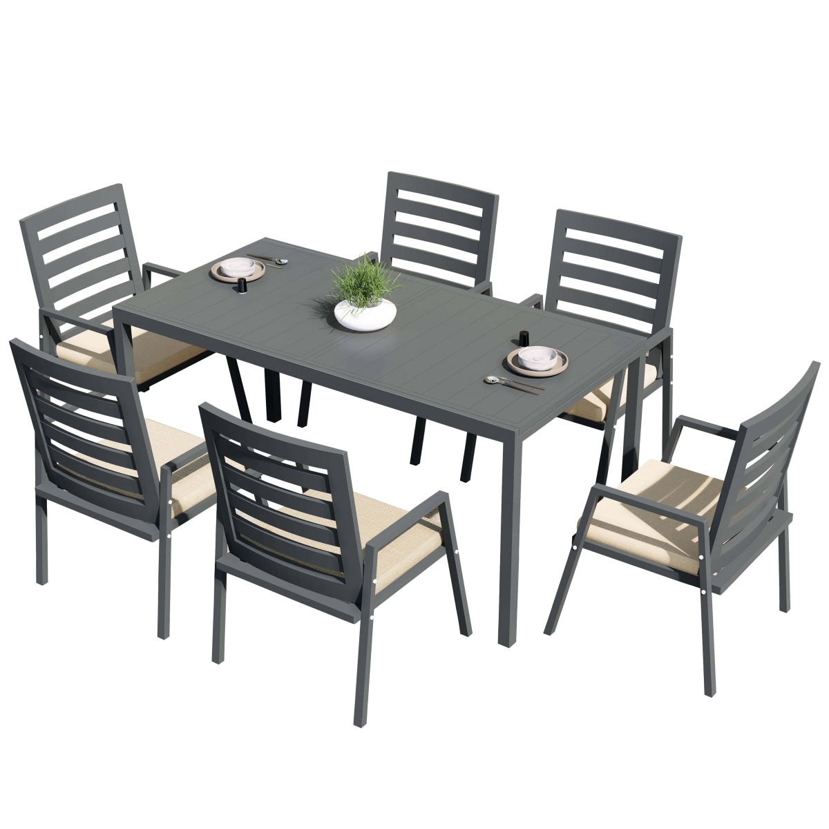 CC20BL-BG6-MDT78BL Chelsea Patio Dining Set 78-118 in. Wide Rectangular Extendable Aluminum Dining Table & 6 Dining Armchair in Beige - 7 Piece