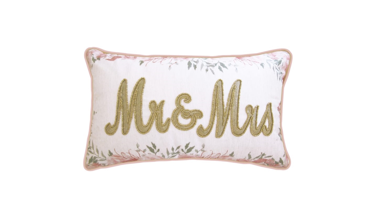 Eah078mmoypi17 12 X 20 In. Celebrations Floral Beaded Mr & Mrs Decorative Pillow, Oyster & Pink