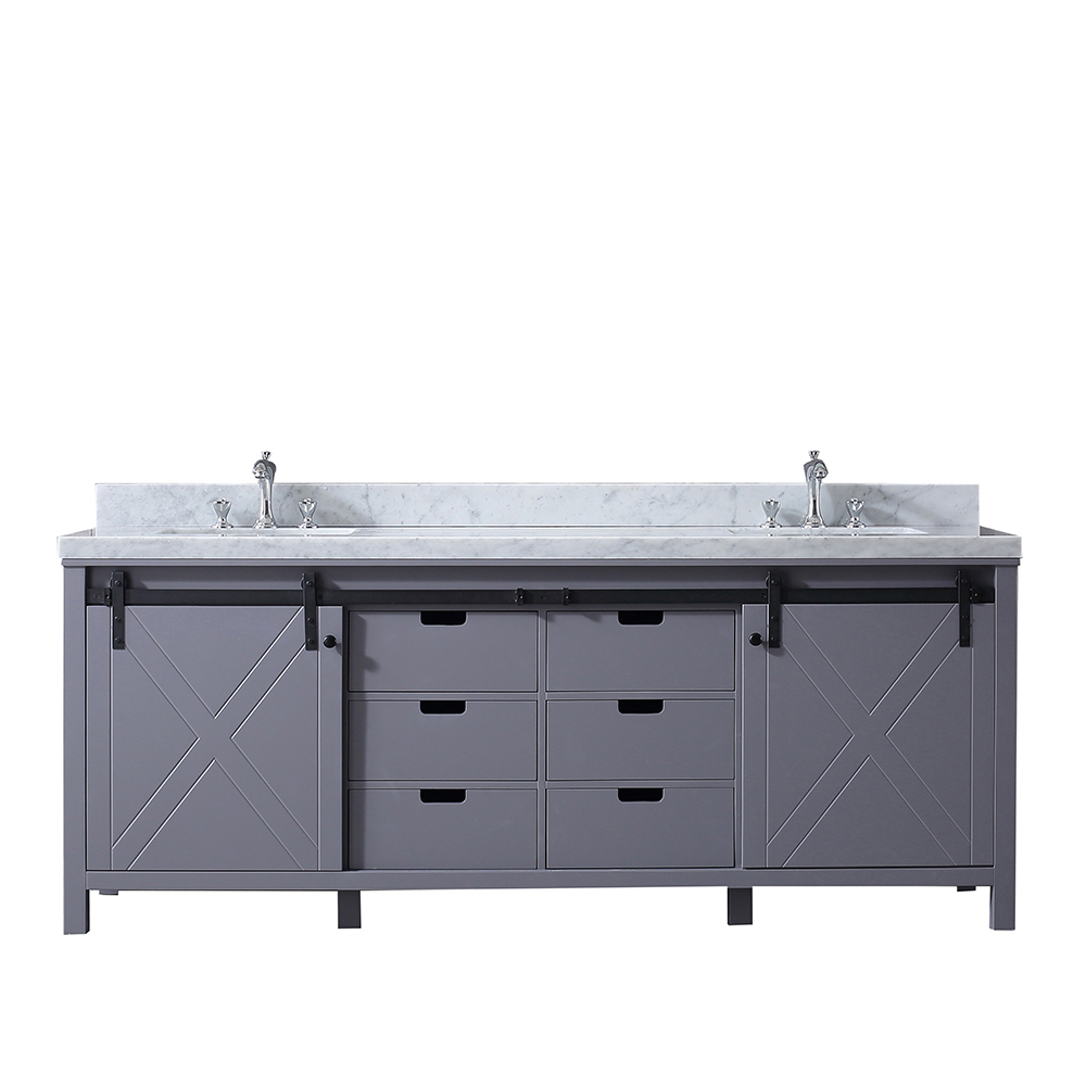 Lm342284dbbs000 84 In. Marsyas Double Vanity With White Carrera Marble Top, White Square Sinks & No Mirror - Dark Grey