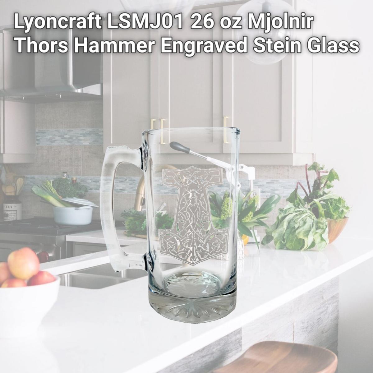Picture of Lyoncraft LSMJ01 26 oz Mjolnir Thors Hammer Engraved Stein Glass