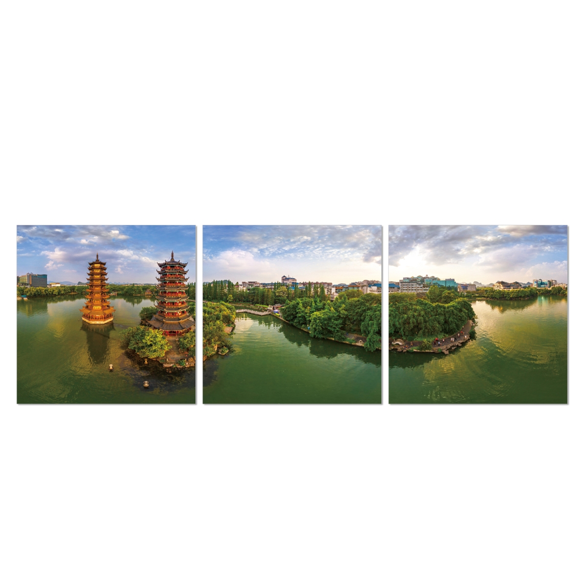 F426sm40 48 X 16 In. Senia Sun & Moon Twin Pagodas 3-panel Mdf Framed Photography Triptych Print