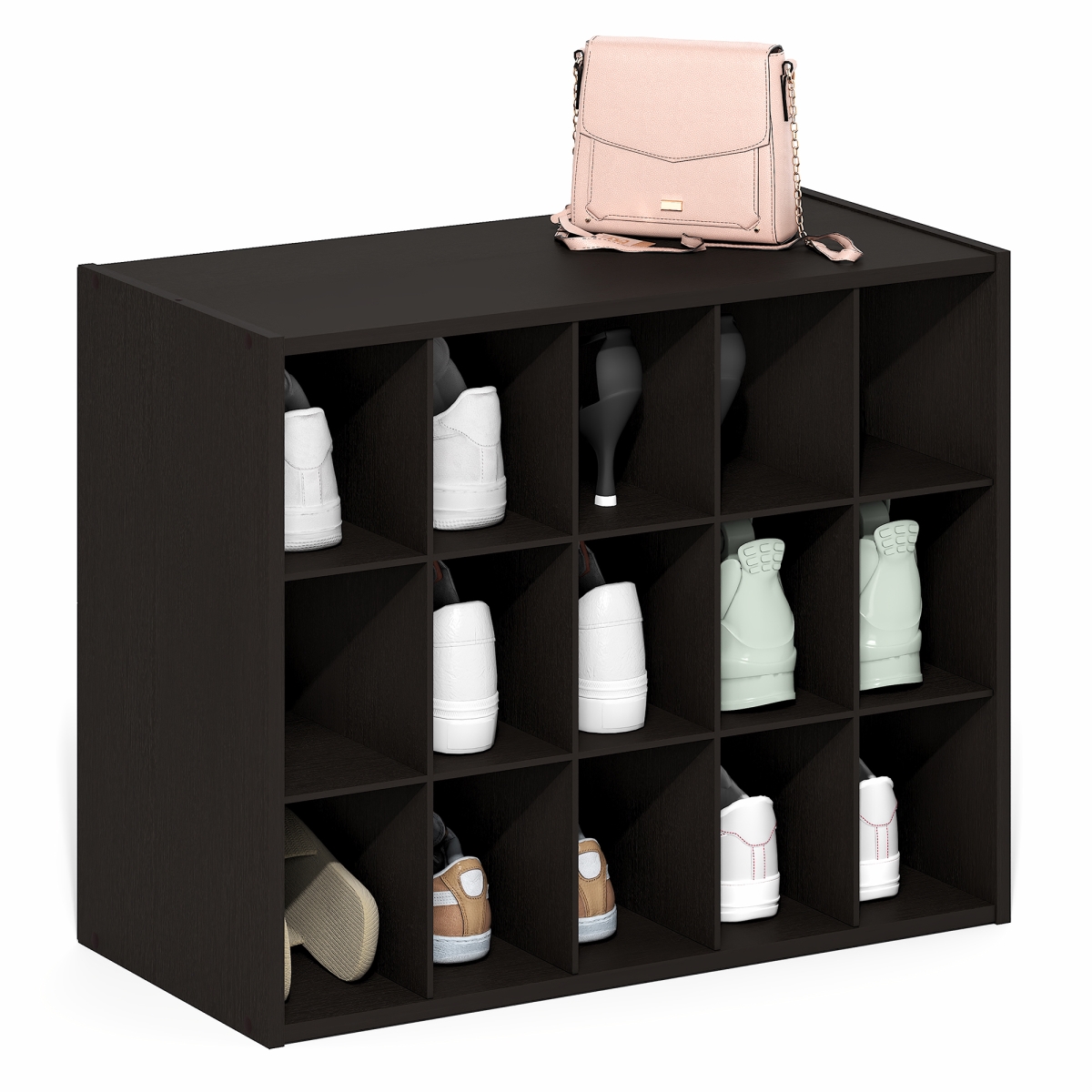 25004DOK 11.4 x 24.2 x 19.3 in. Fano 15-Cube Stackable Shoe Rack for Closet Entryway - Black Dark Oak