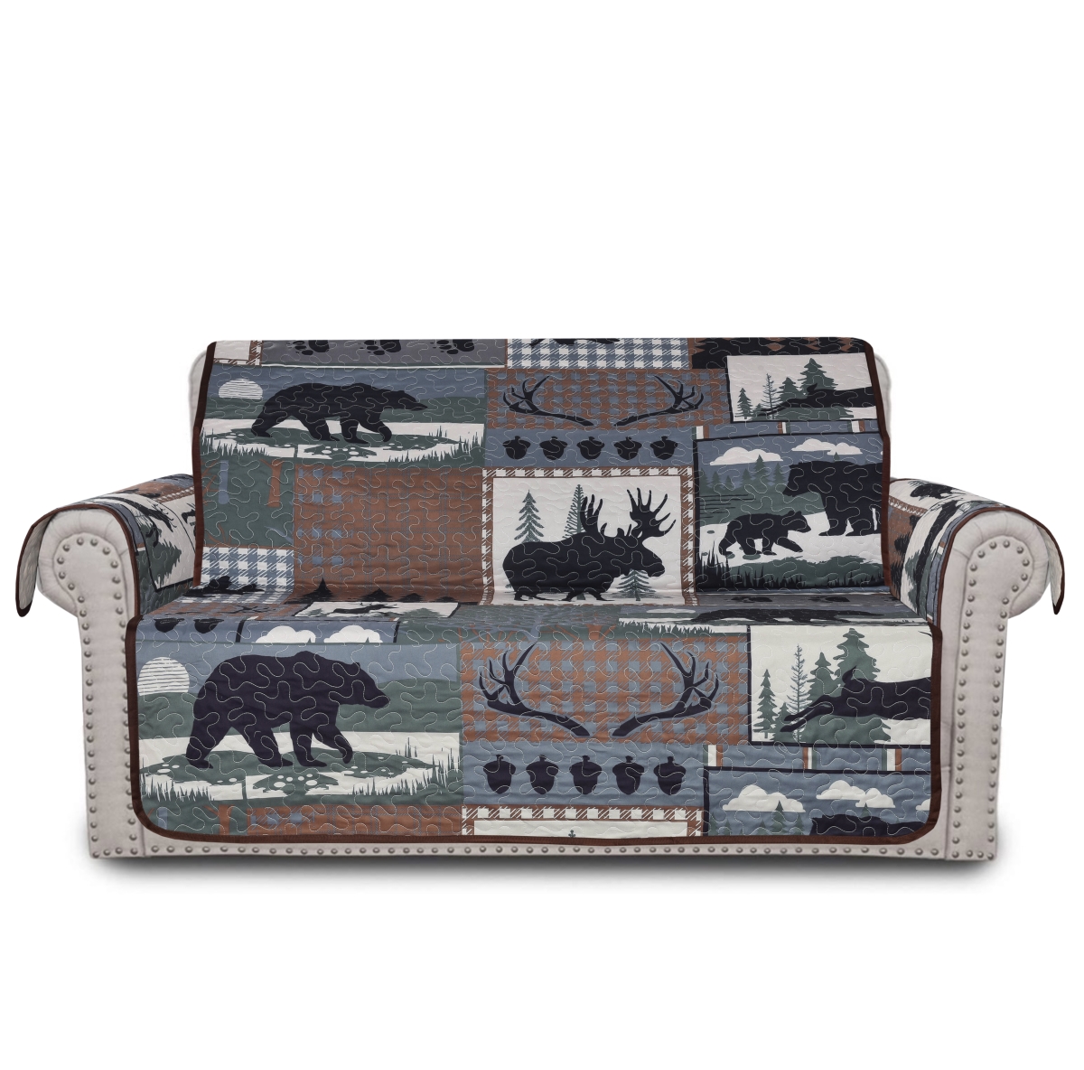 62281 Woodland Bear Patchwork Plaid Nature Wild Animal Bear Moose Loveseat Furniture Slipcover