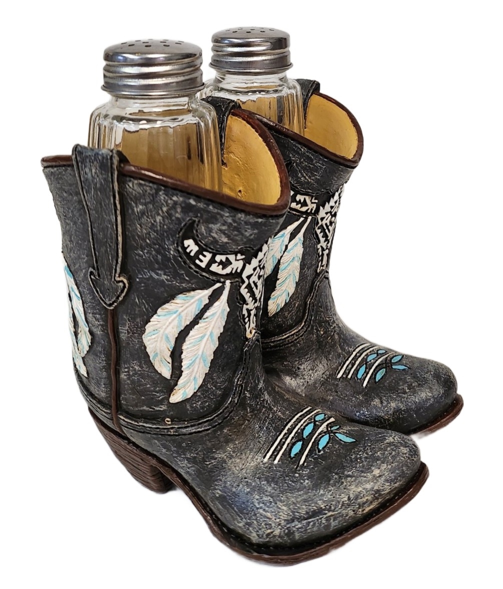 Picture of De Leon Collections 14047 Polyresin Western Black Boots with Native Cow Skull & Feathers Salt and Pepper Shaker Holder Set