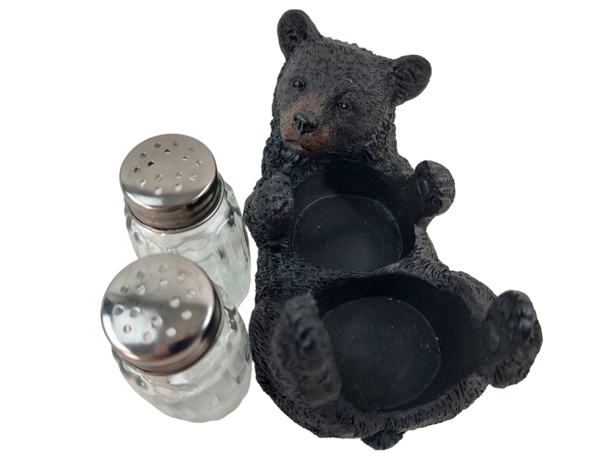 Picture of De Leon Collections 15556 Polyresin Woodland Black Bear Cub Laying on Back Rustic Forest Salt and Pepper Shaker Holder Set
