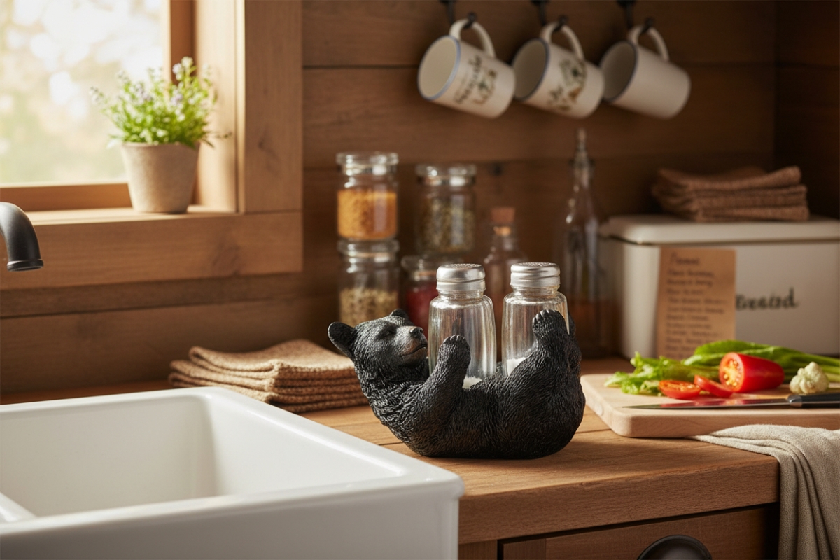 Picture of De Leon Collections 15556 Polyresin Woodland Black Bear Cub Laying on Back Rustic Forest Salt and Pepper Shaker Holder Set