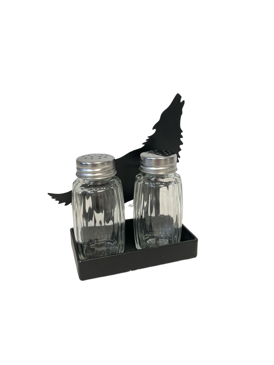 Picture of De Leon Collections 14147 Metal Pecos Southwestern Tribal Howling Wolf Salt and Pepper Shaker Holder Set