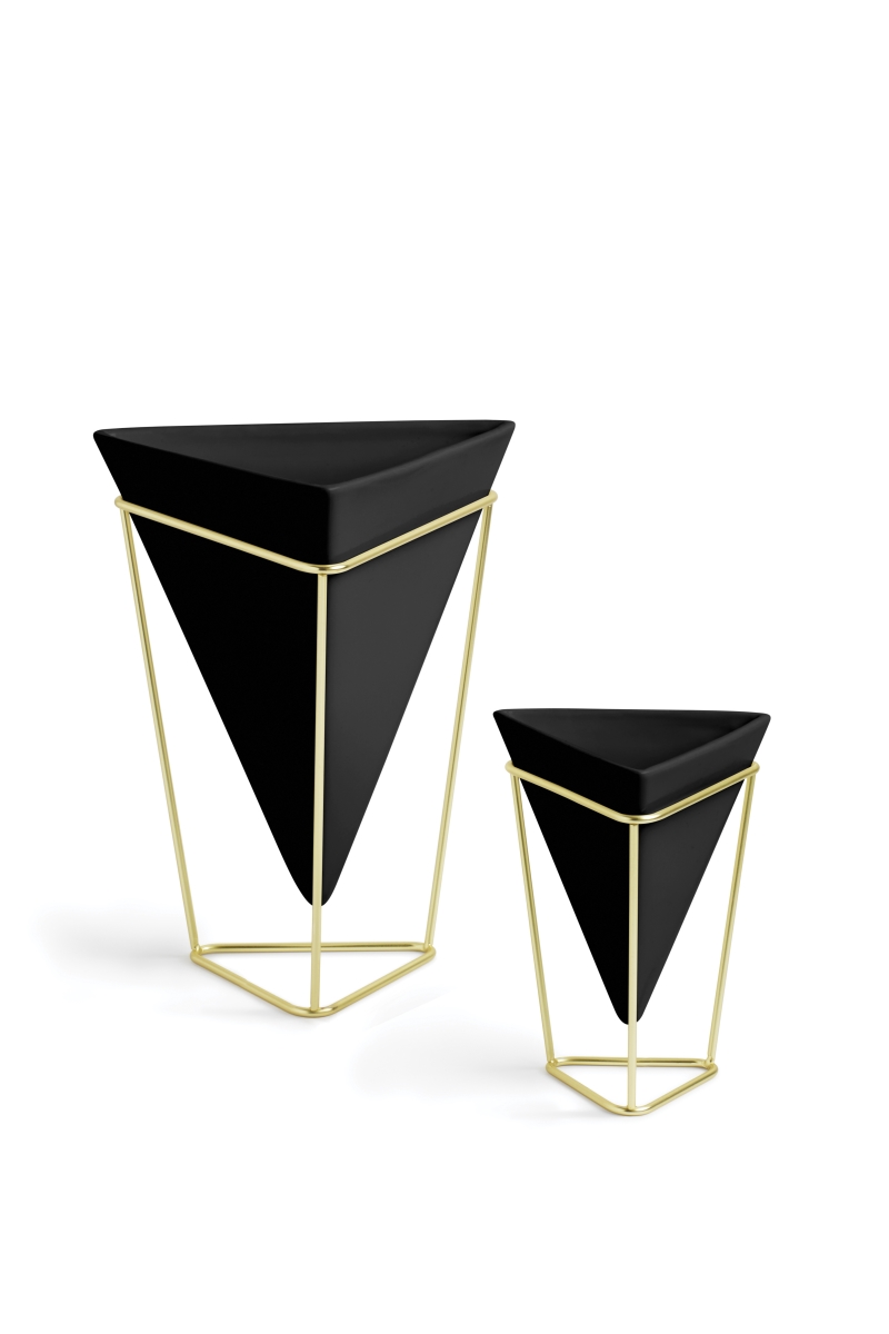 1004372-1137 Trigg Tabletop Planter and Geometric Storage Vessel, Black and Brass - Set of 2