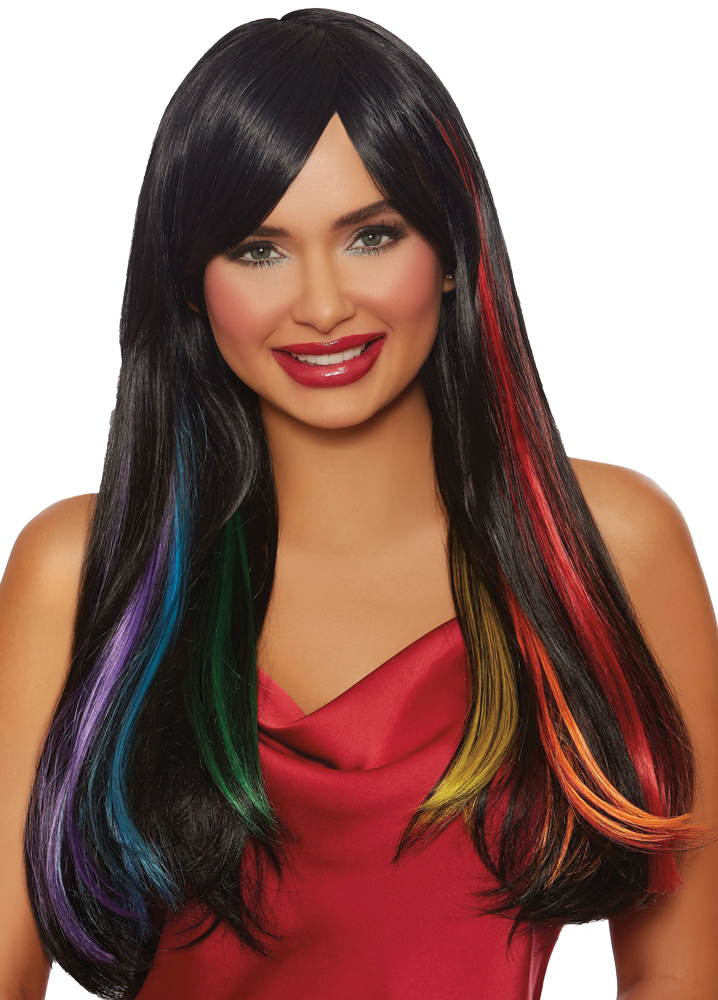 Long Straight Hidden Black & Primary Rainbow Wig