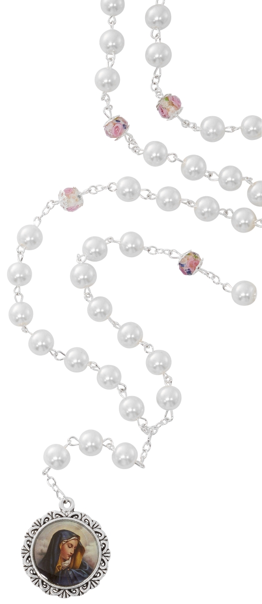 CH139 18 in. Pearl Our Lady of Sorrows Chaplet with Prayer Card Set
