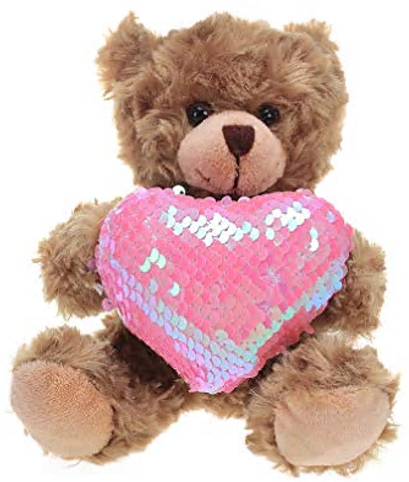98-201 6 In. Mocha Bear Shiny Heart Reversible Pink Heart Teddy Bear - Pack Of 3