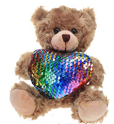 98-202 6 In. Mocha Bear Shiny Heart Reversible Rainbow Teddy Bear - Pack Of 3