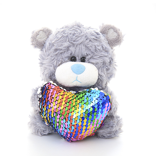 98-123 Qbeba Bear Shiny Heart Reversible Rainbow Teddy Bear, Gray - Pack Of 3
