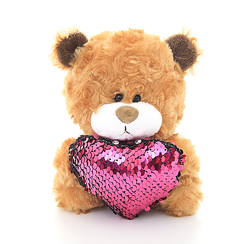 98-125 Qbeba Bear Shiny Heart Reversible Pink Teddy Bear, Brown - Pack Of 3