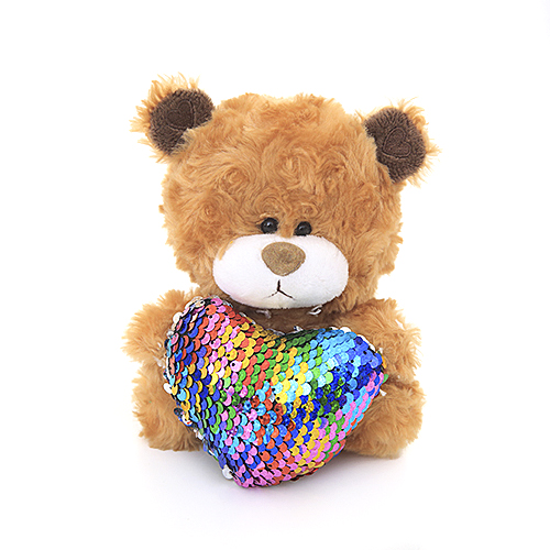 98-126 Qbeba Bear Shiny Heart Reversible Rainbow Teddy Bear, Brown - Pack Of 3