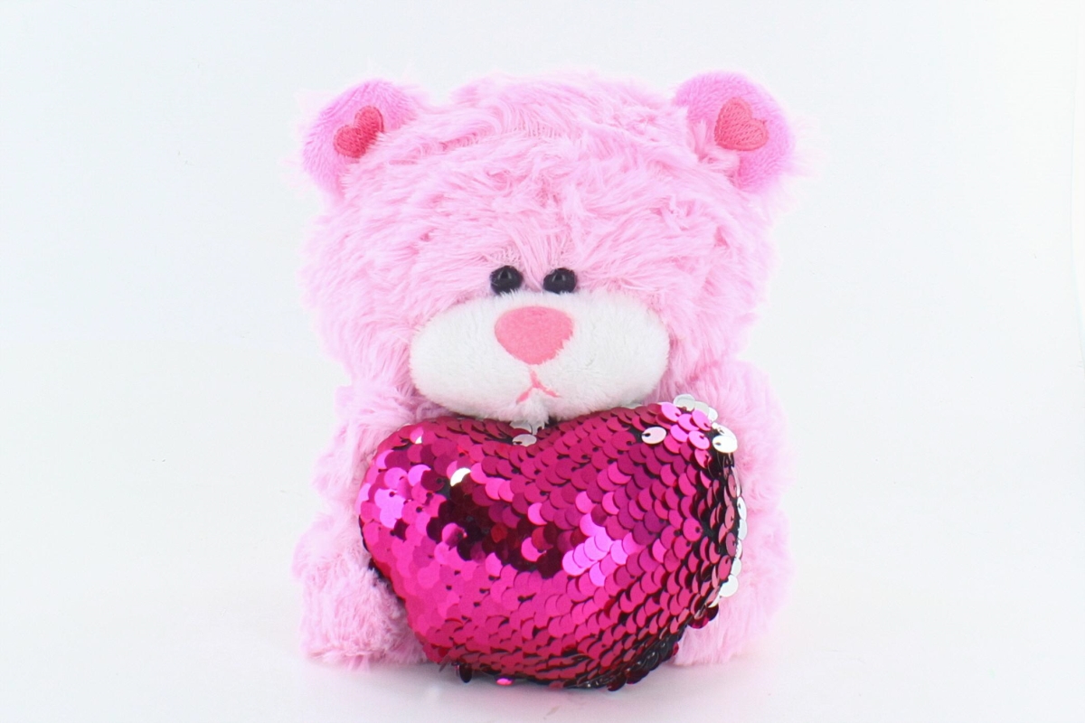 98-134 Qbeba Bear Shiny Heart Reversible Pink Heart Teddy Bear, Pink - Pack Of 3