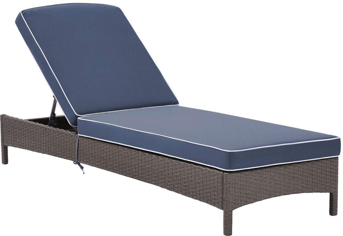 Palm Harbor Outdoor Wicker Chaise Lounge With Navy Cushions - Grey