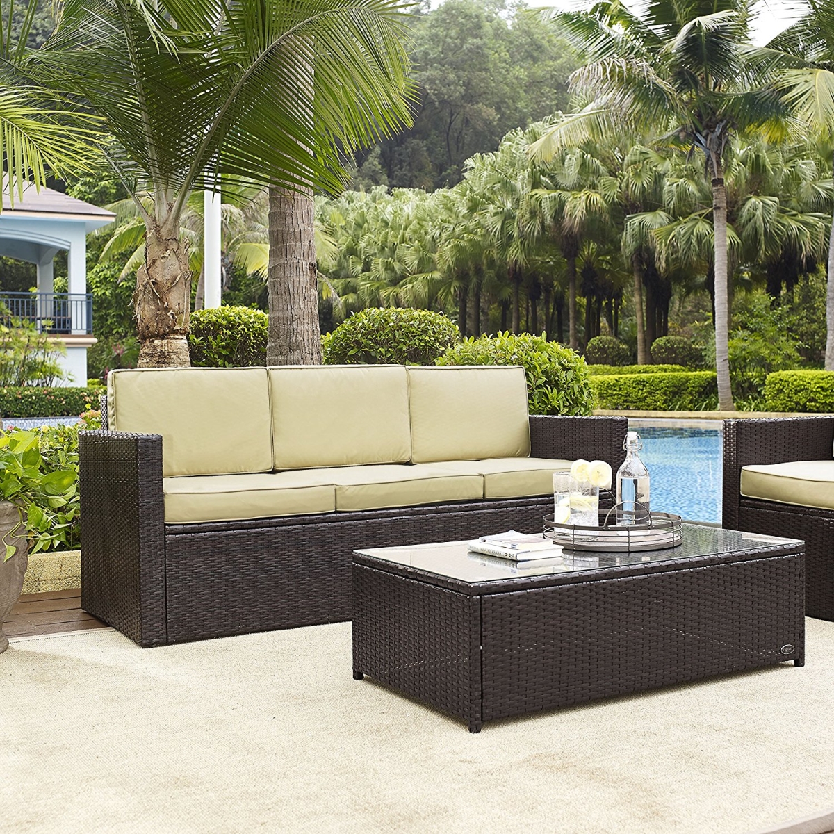 Ko70048br-sa Palm Harbor Wicker Patio Sofa, Brown With Sand Cushion